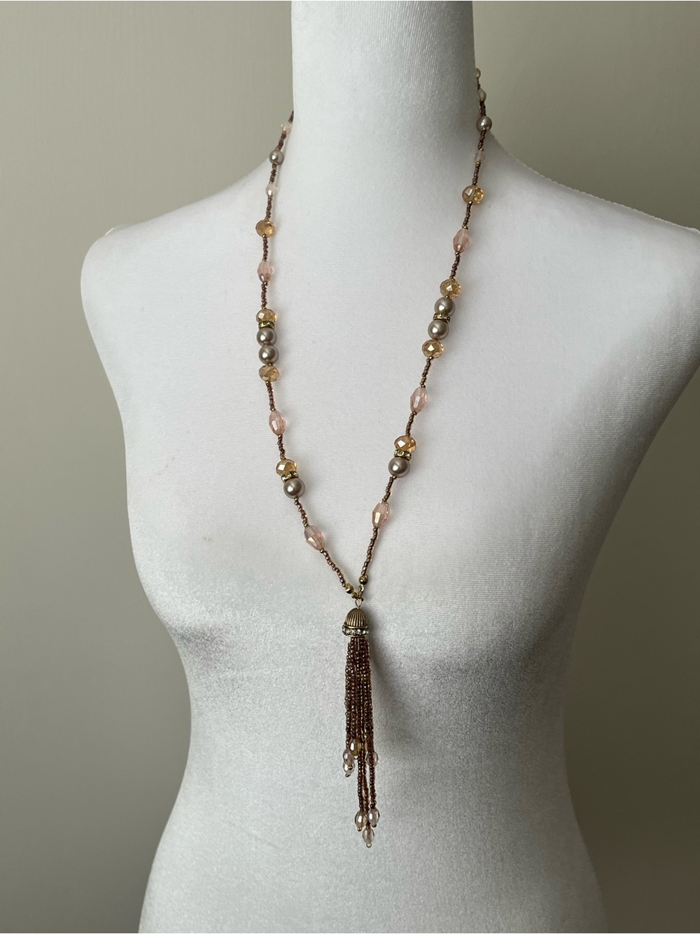 Pink Seed Bead Crystal Glass Faceted Single strand Necklace Long Tassel  34”